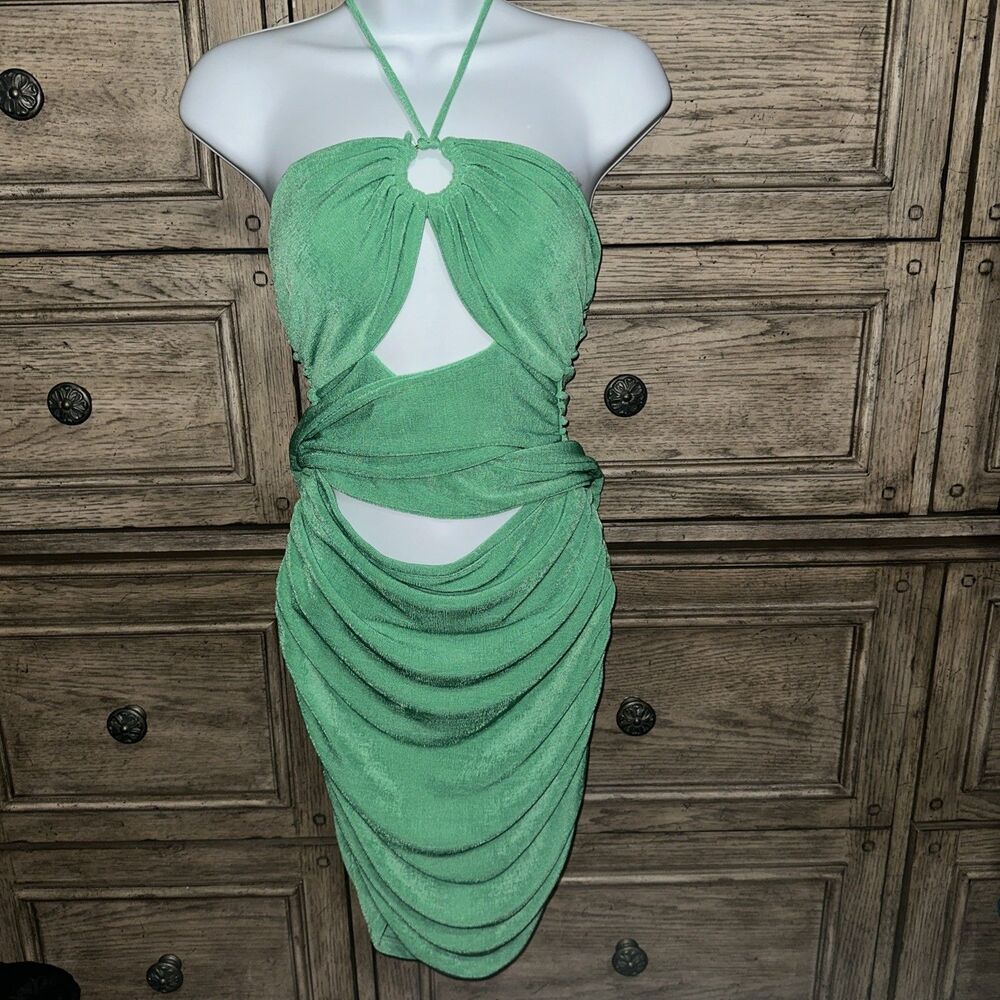 Green Ruched‎ Cut-Out Halter Mini Dress Bodycon O-Ring Party Dress